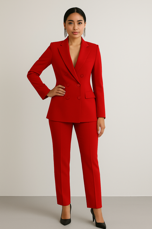 Woman wearing a red slim fit business suit with blazer and trousers, showcasing casual suits fashion.