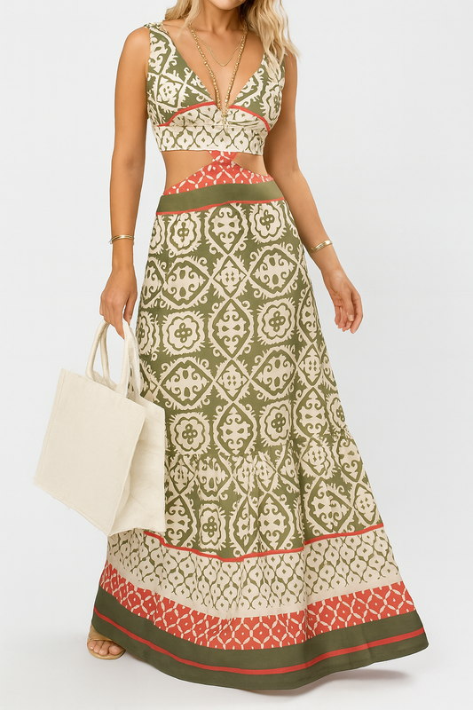 Leisure Holiday Hollow Tie Vintage Printed Dress