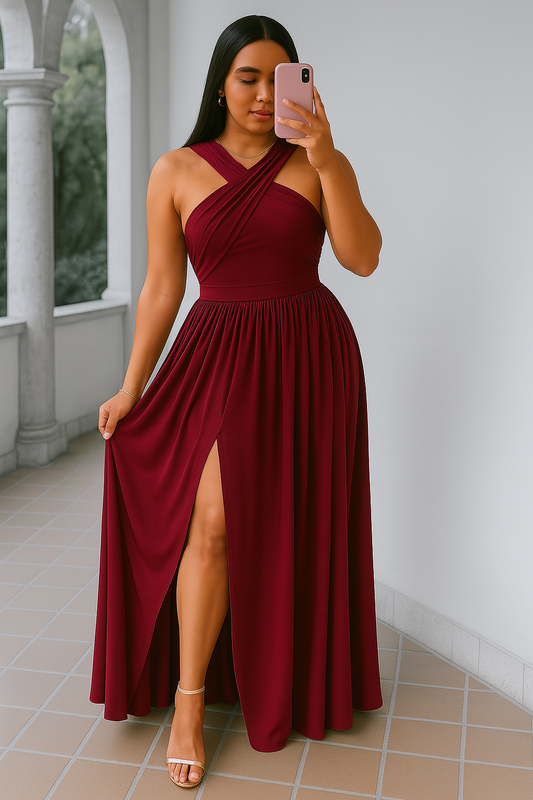 SunGlow lightweight sleeveless dress with elegant halter neckline and flowing design perfect for summer.