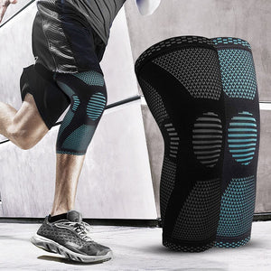 Knitted sports knee pads providing support and comfort during physical activity.