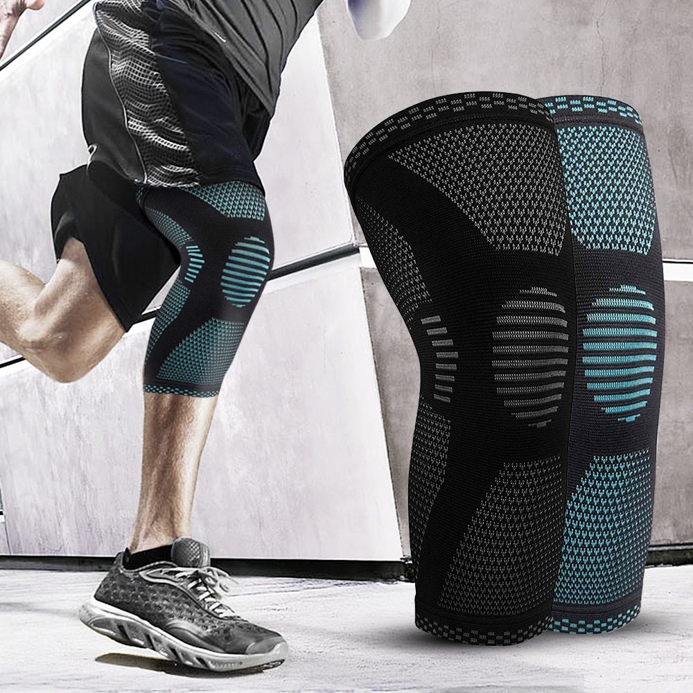 Knitted sports knee pads providing support and comfort during physical activity.