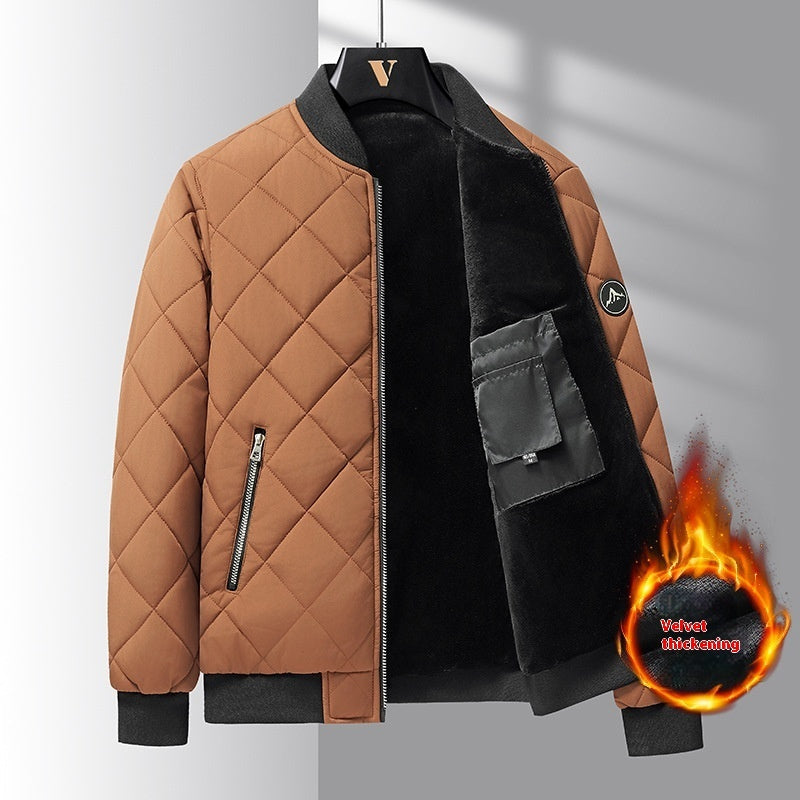 Fashion Rhombic Sewing Design Cotton Coat Winter Warm Thickened Baseball Jacket Casual Solid Color Outwear Clothing For Men
