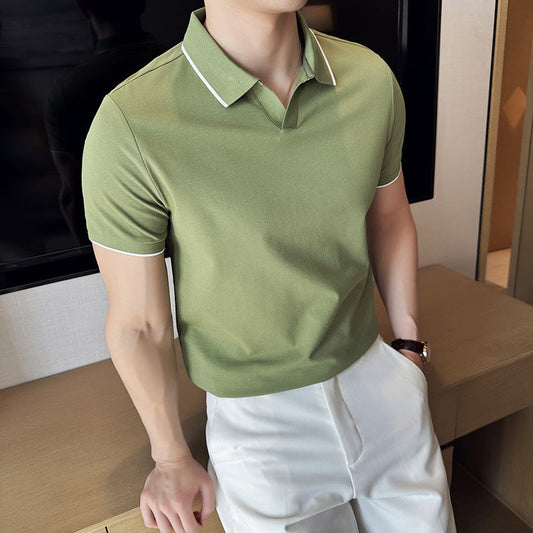 Men's mercerized pearl cotton short sleeve polo shirt in olive green with white trim lapel collar.