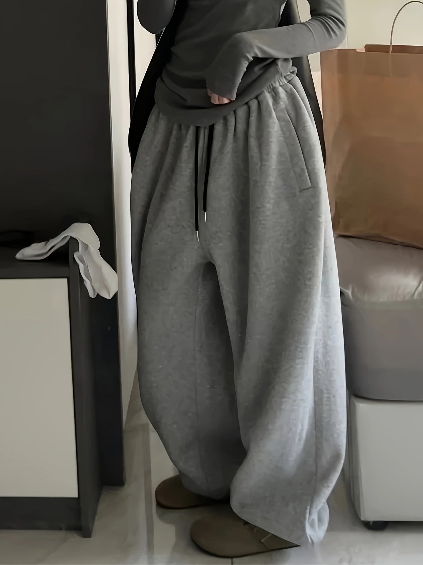 Y2g Casual Gray Black Rope Tied High Waist Elastic Band Waist Sports Pants Women's Clothing