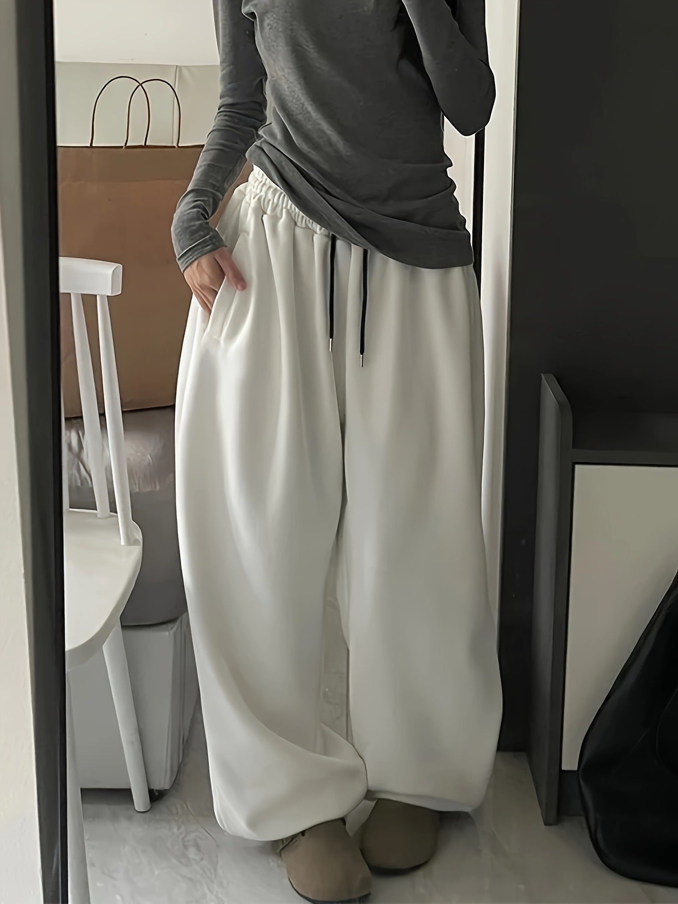 Y2g Casual Gray Black Rope Tied High Waist Elastic Band Waist Sports Pants Women's Clothing