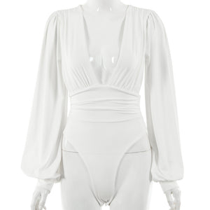 Women's sexy long-sleeved deep V waist pleated temperament bodysuit