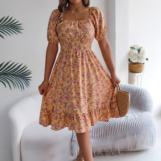 Floral Square Collar Ruffles Dress