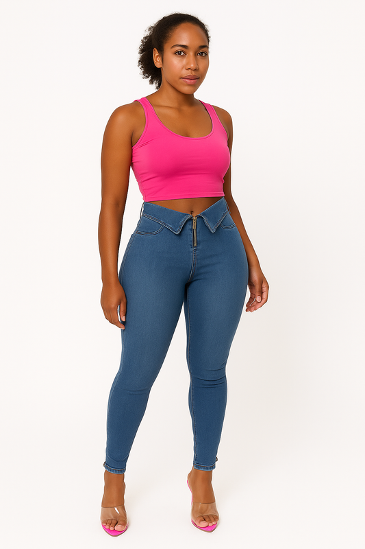 woman wearing stylish fashion casual jeans with front zipper and pink crop top on white background