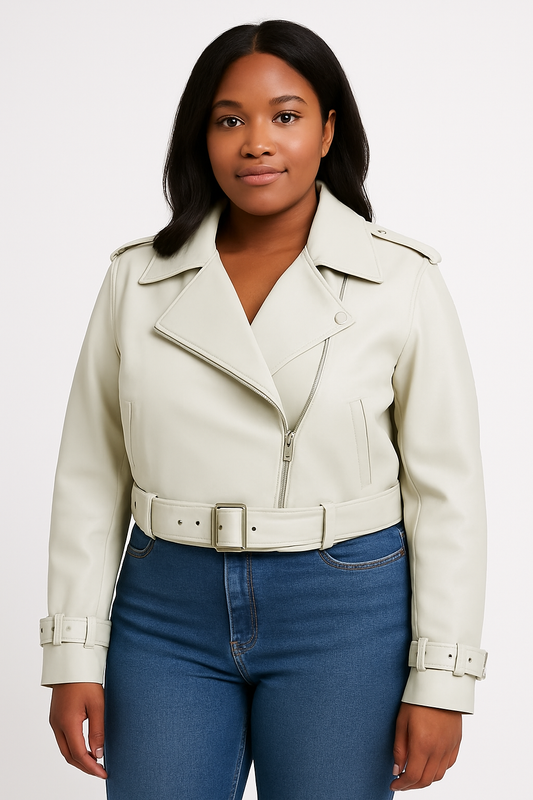 Women's solid color casual loose fit leather jacket with belted waist and zip-up front, styled with regular long sleeves.