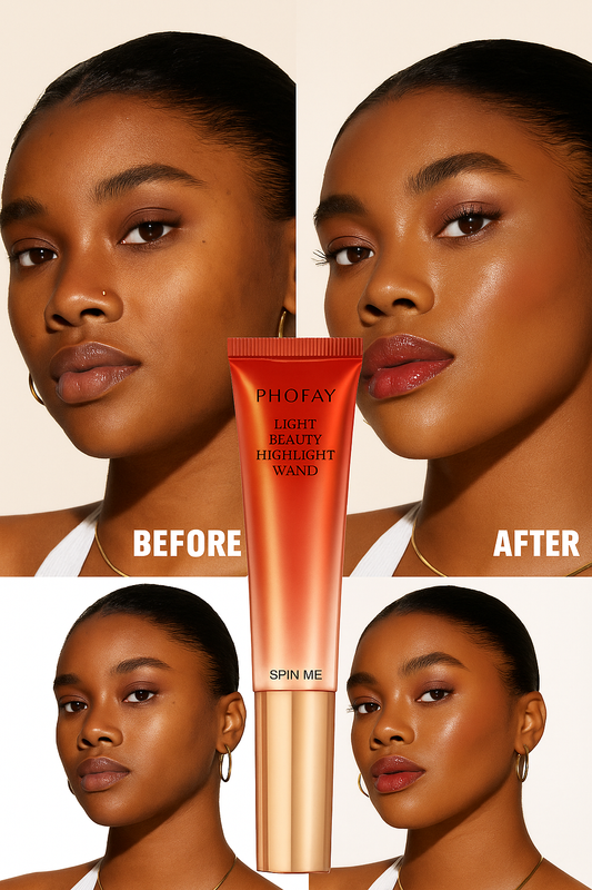 PHOFAY Highlighter Wand showing before and after glow effect on woman's face, with luminous, radiant skin and natural highlighting.
