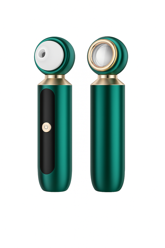 Portable Visual Blackhead Remover USB rechargeable pore cleaner with magnifying glass and blue light therapy in green and gold design