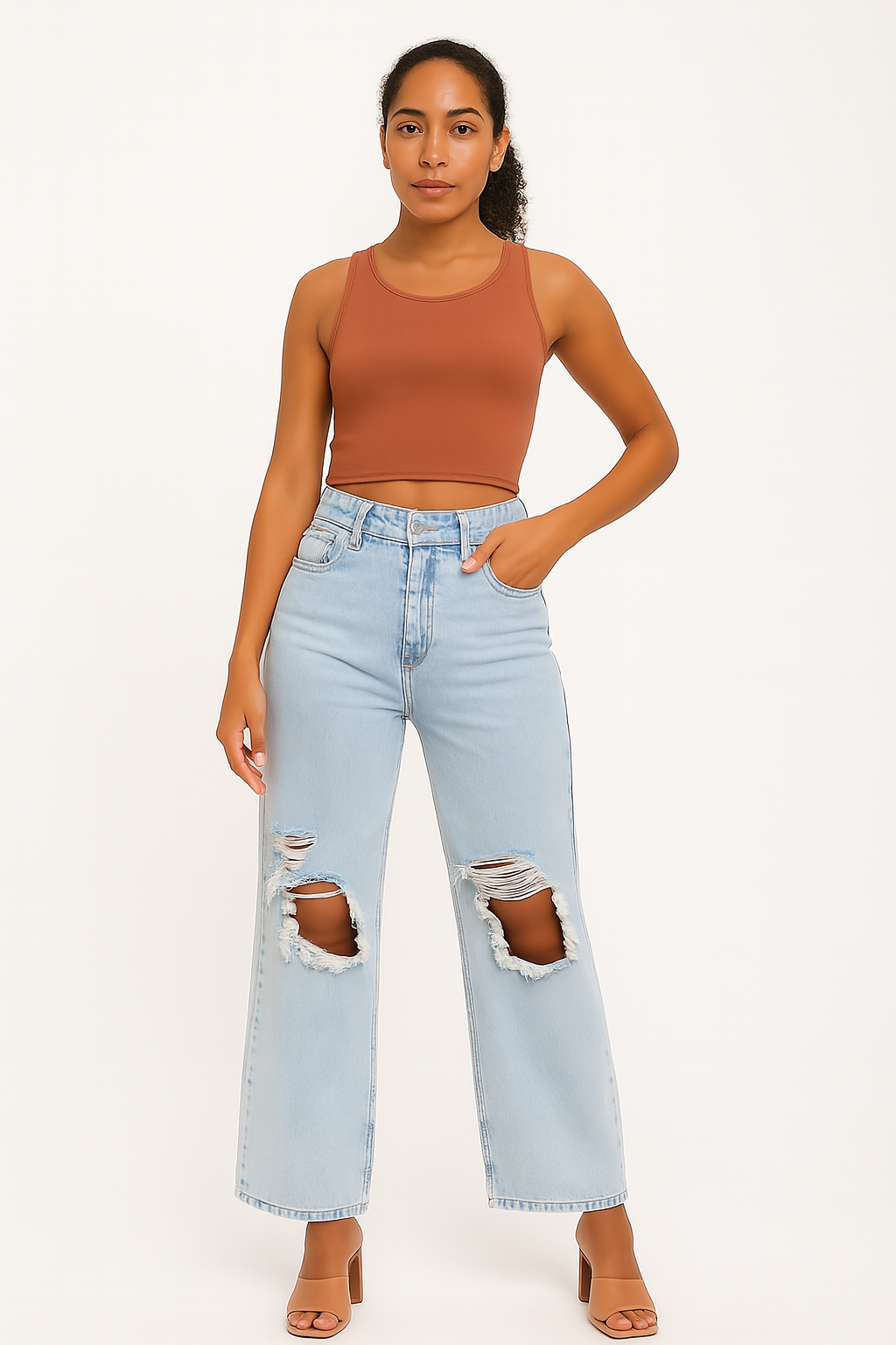 Woman wearing light blue ripped slimming high-waist stretch denim jeans paired with a brown sleeveless crop top and brown heels.