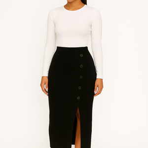 Woman wearing a black ChicCurve button-slit ribbed knit high-waist midi skirt with side buttons and a front slit, paired with a white long-sleeve top and white sneakers.