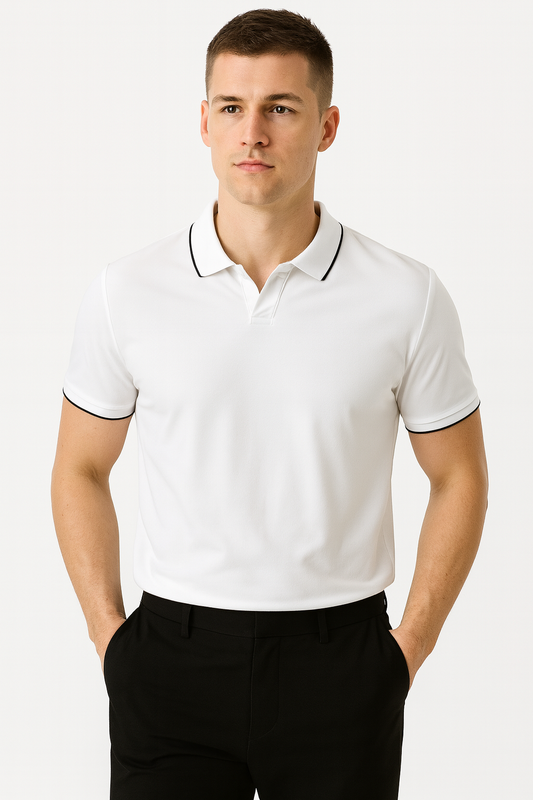 Men's white mercerized pearl cotton short sleeve polo shirt with black trim lapel collar and tailored fit