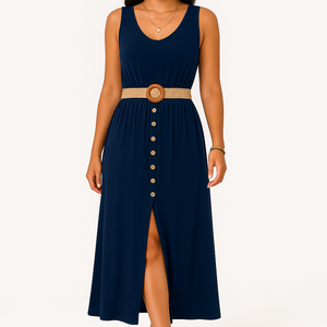 Woman wearing navy blue summer round-neck sleeveless split dress with button design and waist belt.