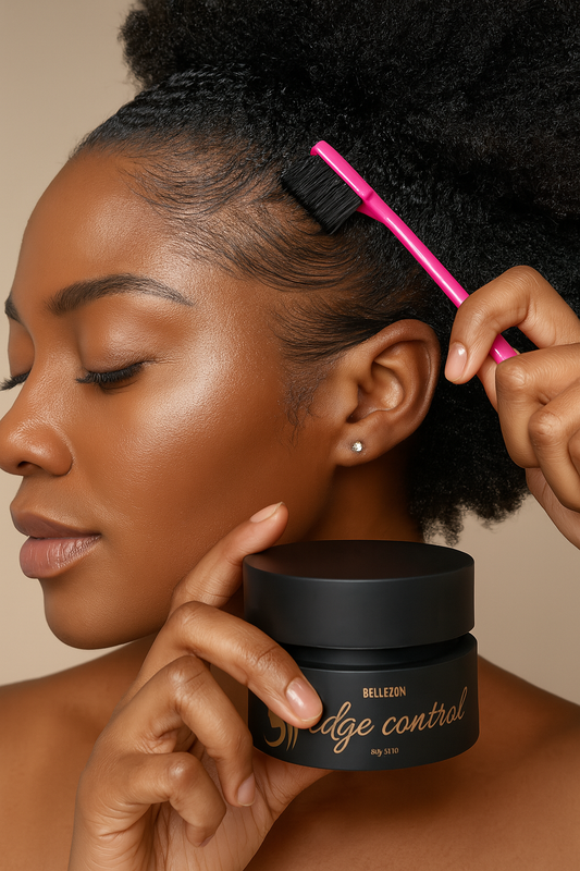 woman applying edge control wax with pink brush, showcasing smooth, styled edges