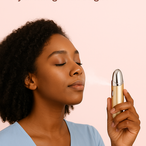 Nano spray hydrator in use for facial hydration against a soft pink background.