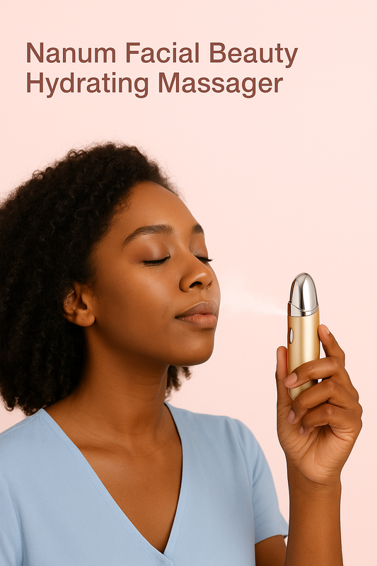 Nano spray hydrator in use for facial hydration against a soft pink background.